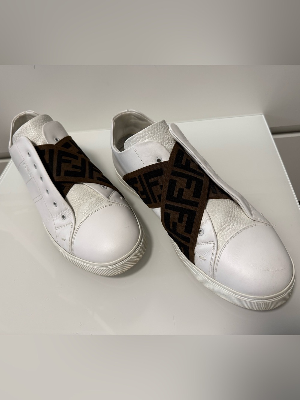 Fendi White Leather Slip-On Sneakers with FF Fendi Logo Cross Strap - Picture 7 of 17